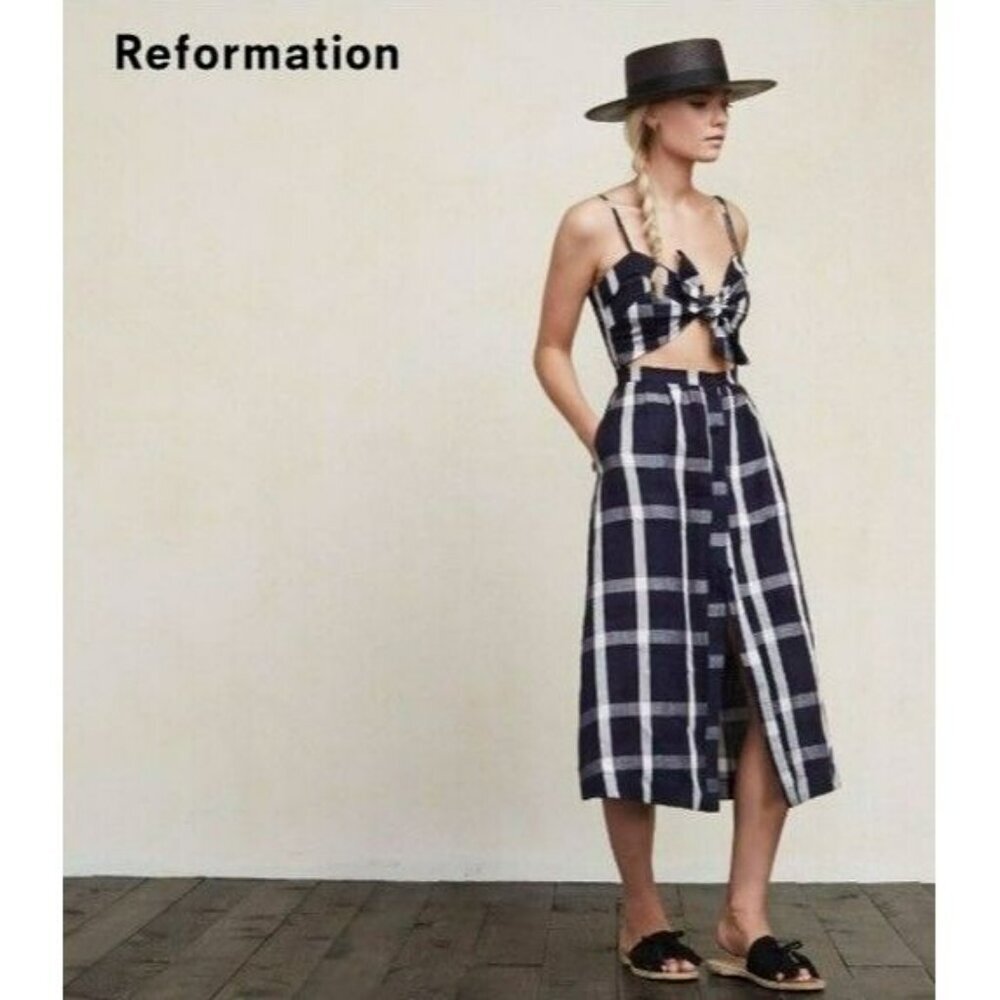 Reformation Riley Navy Blue Plaid Midi Dress Tie Front Cut‎ Out Size 2